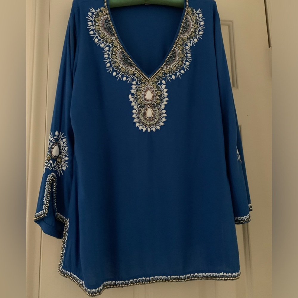 Lily Pulitzer size M blue beaded top beading is pure white